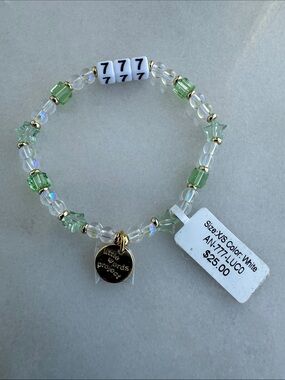 Little Words Project Beaded 777 Stretch Bracelet Clear & Green Accents Size X/S